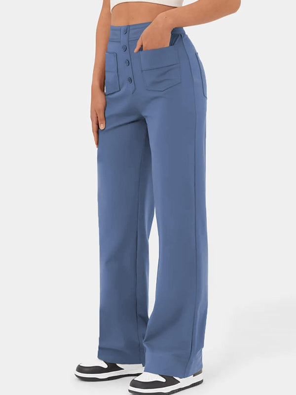 Üksvärvilised vabaaja sirged püksid kõrge vöökohaga