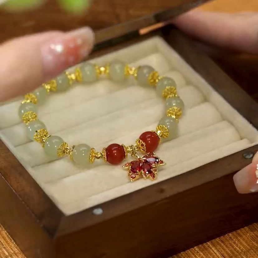 🍃💚 Hetiani jadeiidist käevõru kuldse lehe kaunistusega