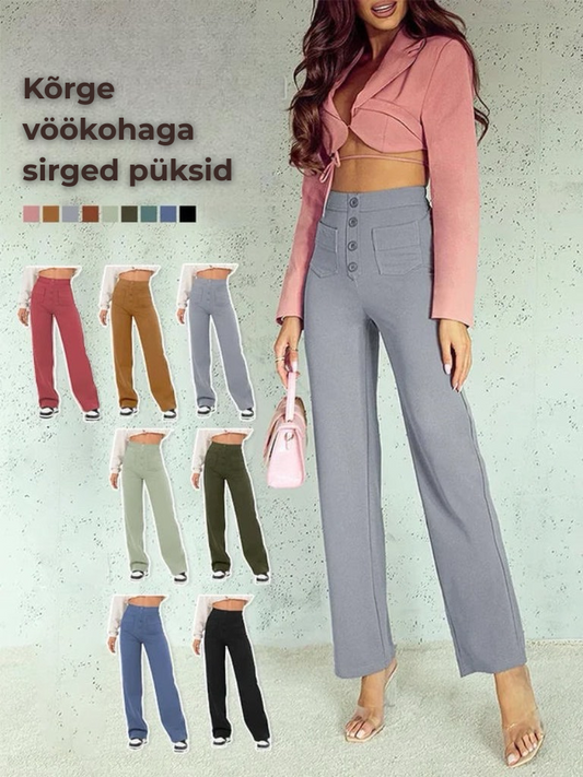 Üksvärvilised vabaaja sirged püksid kõrge vöökohaga
