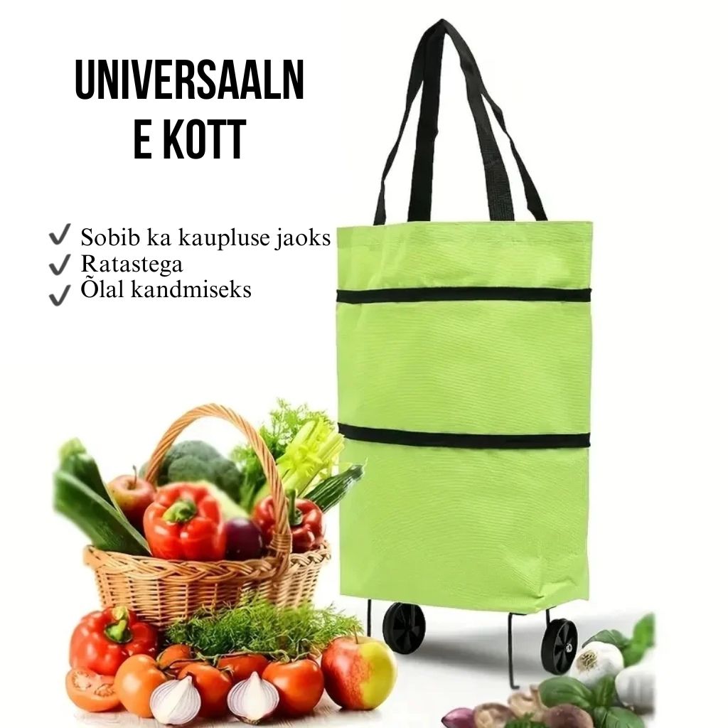 2 ühes keskkonnasõbralik kokkupandav ostukott - libisemisvastaste ratastega