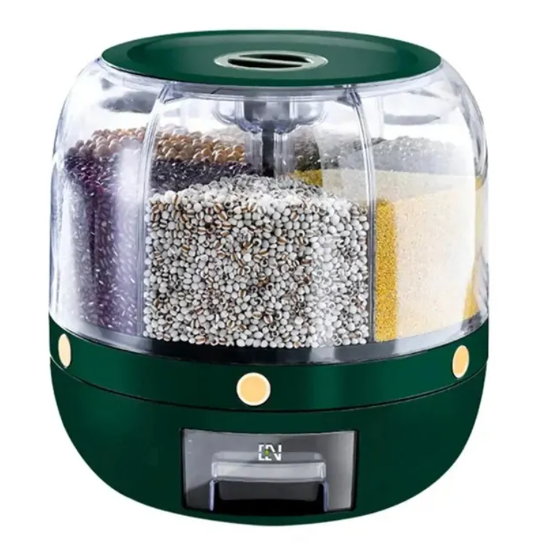 Groene graandispenser met meerdere soorten bonen en granen erin.