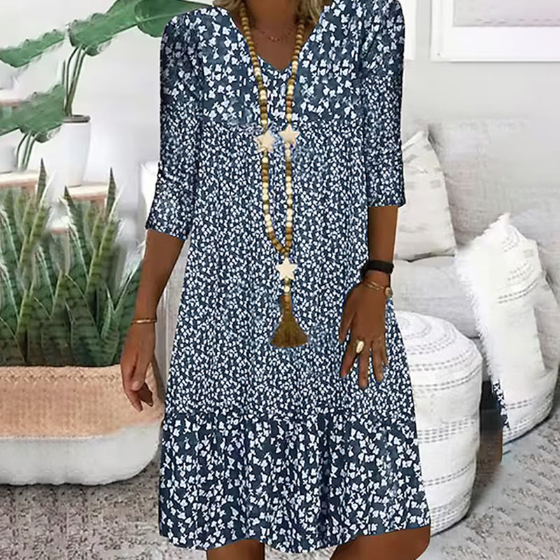 Naiste kleit V-kaeluse ja trükitud mustriga, 3/4 varrukad