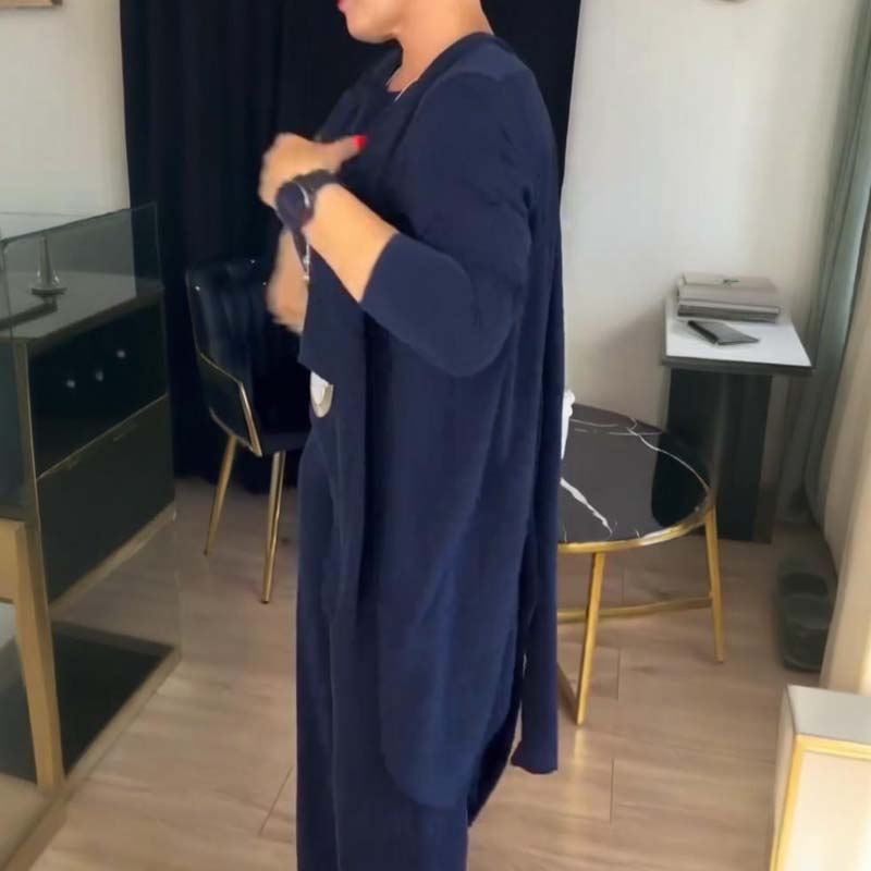 3-osaline komplekt – elegantne pikk kampsun, pluus ja püksid