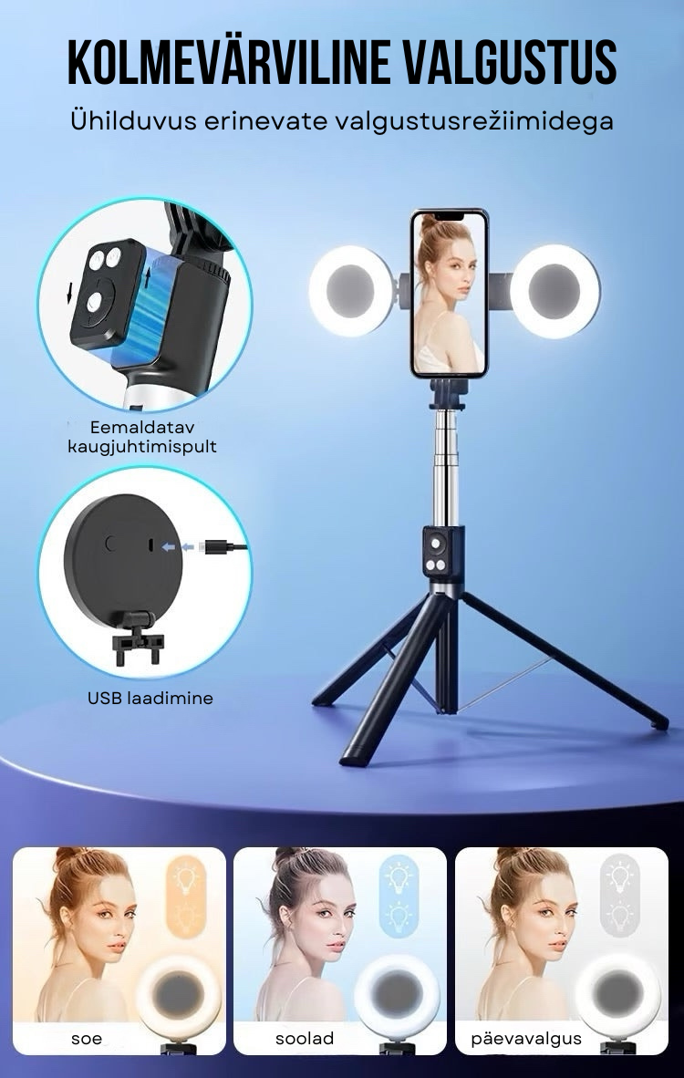 6-ühes isiklik selfie-pulk koos statiiviga