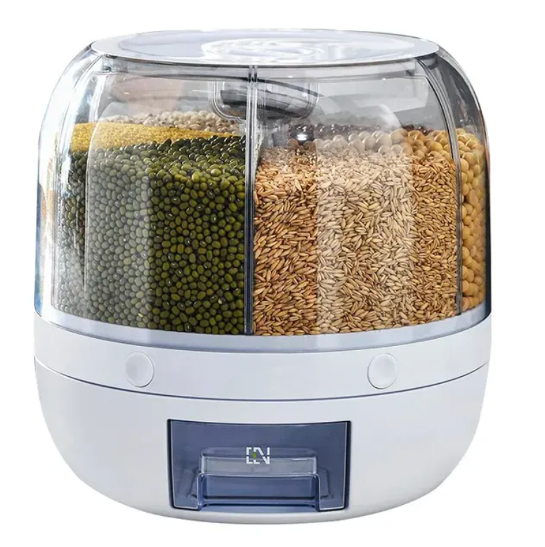 Witte roterende graandispenser met meerdere soorten granen en bonen erin